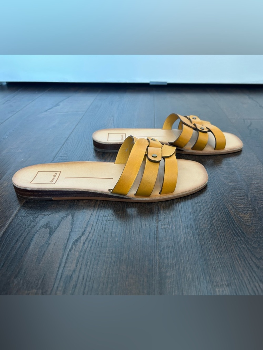 Dolce Vita Mustard Yellow Leather Slide Sandals with Braided Straps - Picture 4 of 5